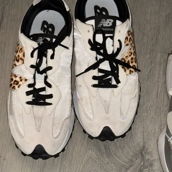 New Balance White and Leopard Print Sneakers - Picture 2 of 8